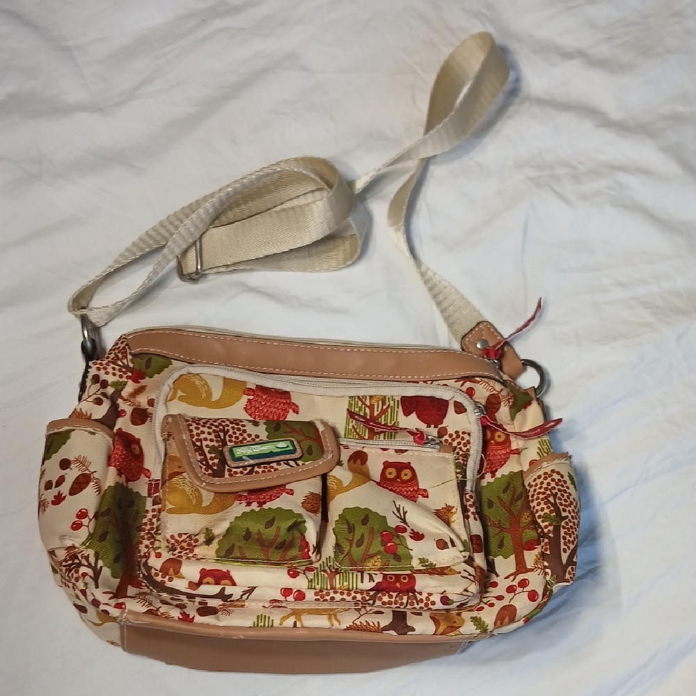 Canvas Crossbody Bag with Woodland Print - Cream/Tan
